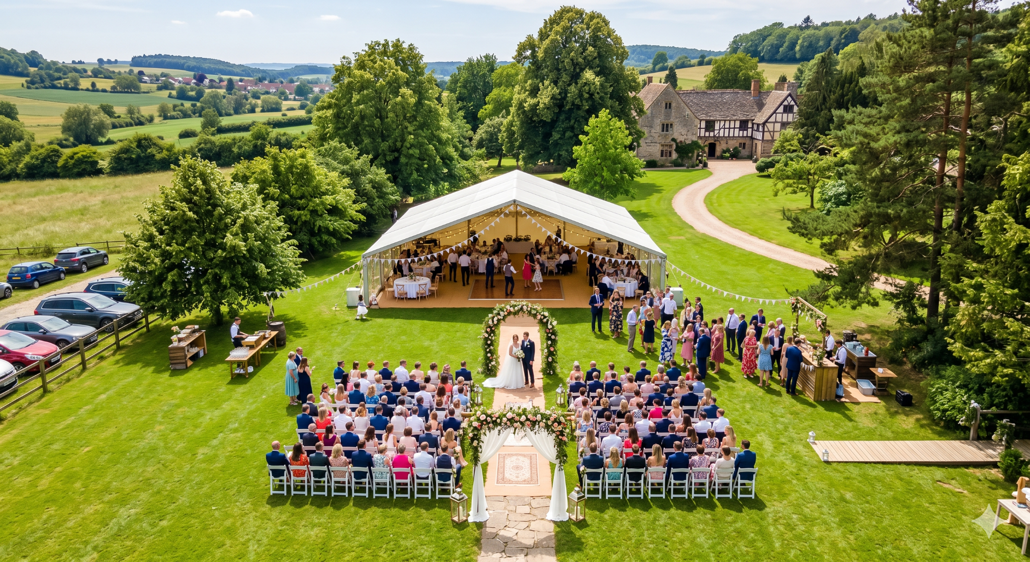 Drohnenaufnahme einer Hochzeit im Grünen