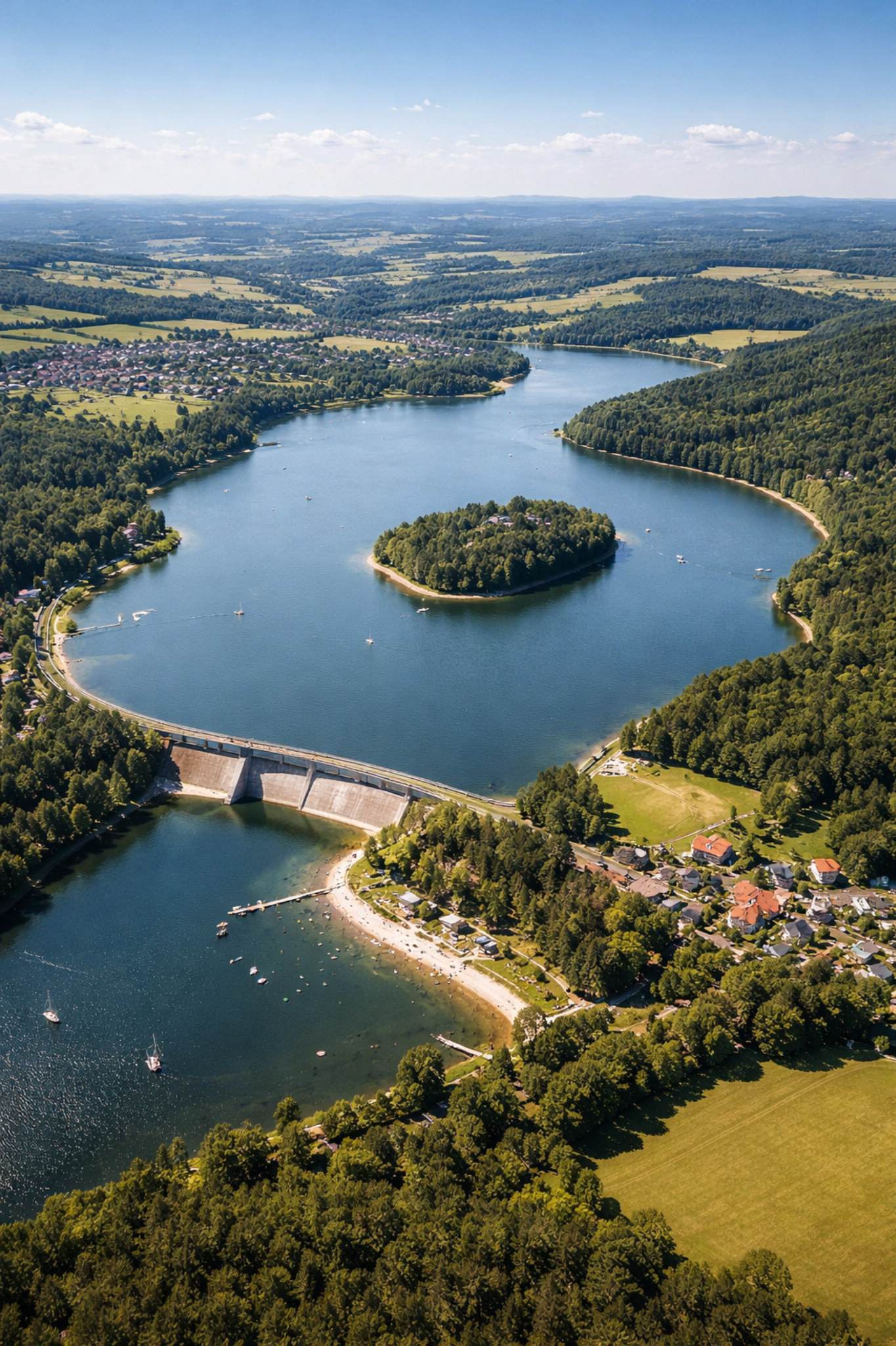 Luftaufnahme einer Talsperre und Landschaft aus großer Höhe